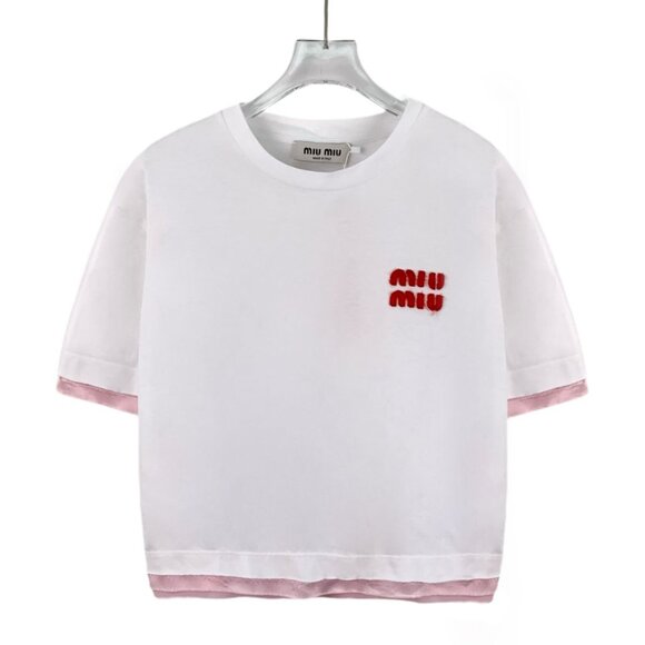 Miu Miu White Logo Embroidered Short-Sleeve T-Shirt W/ Pink
